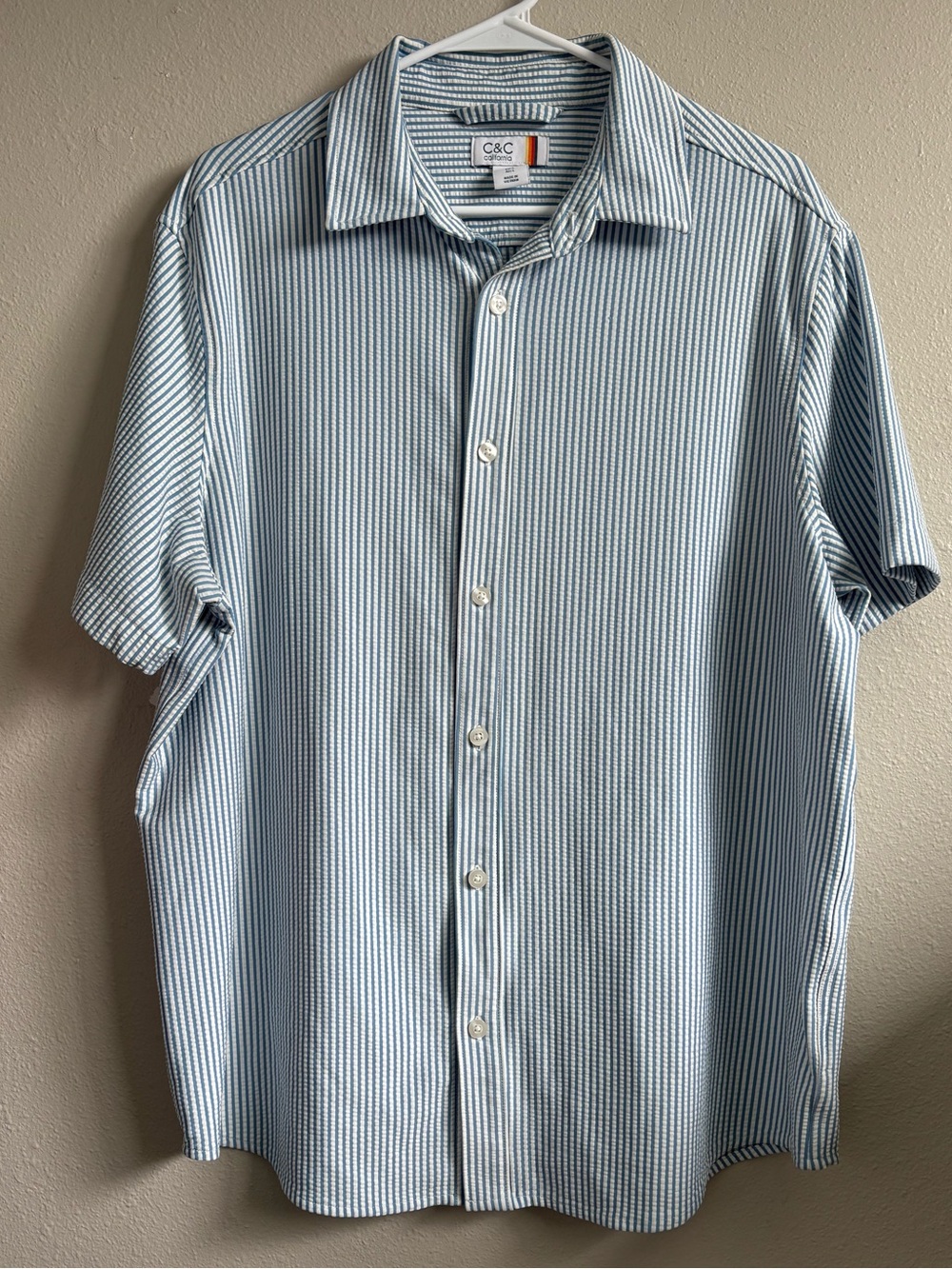 C&C California Short Sleeve Button Down Shirt Blue White Mens Large Casual Top